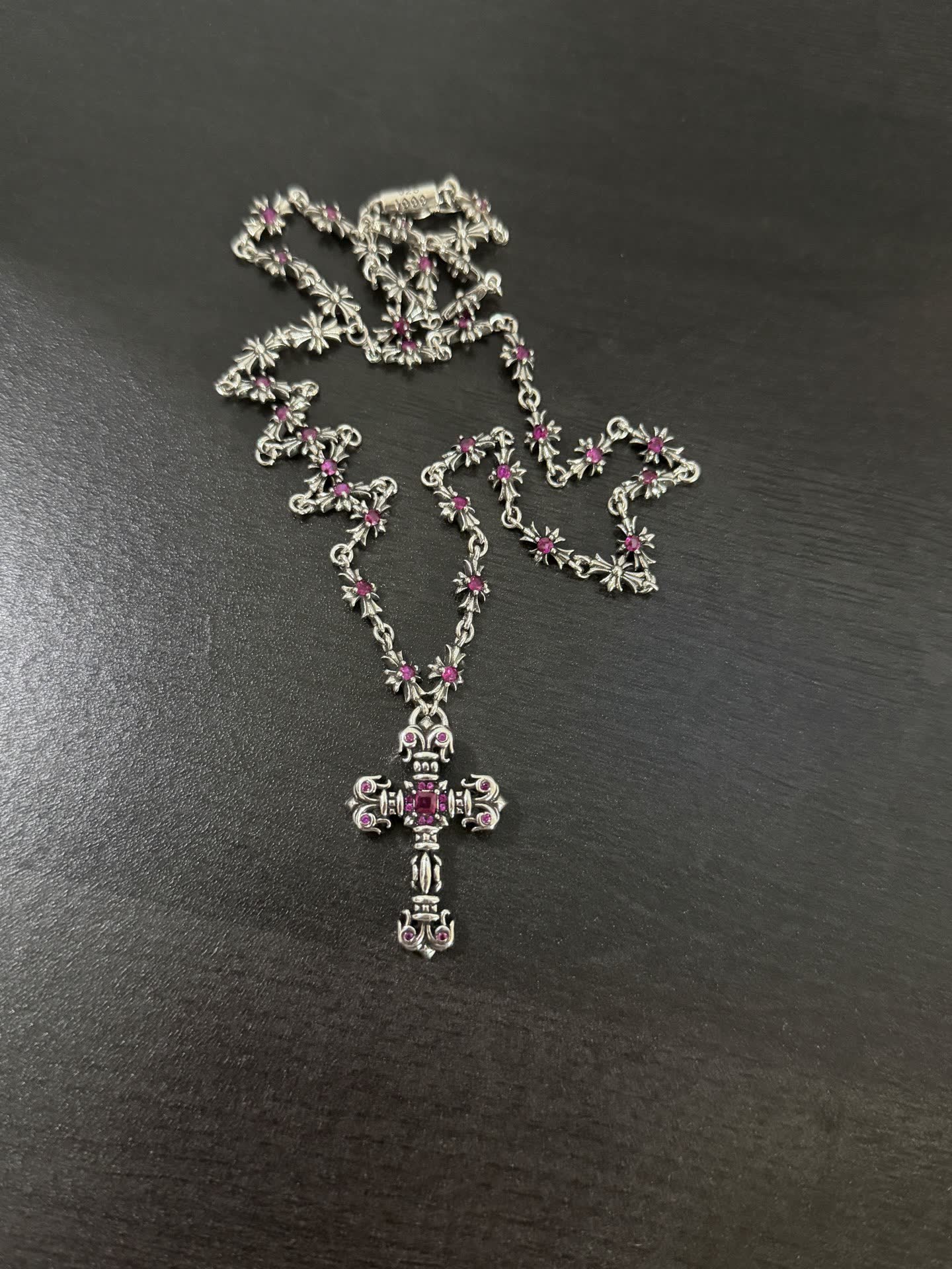 Chrome Hearts Silver Cross Pendant with Pink Stones